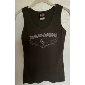 Vintage Harley Davidson Womens Brown Rhinestone Skull Wings Tank Top Size Medium